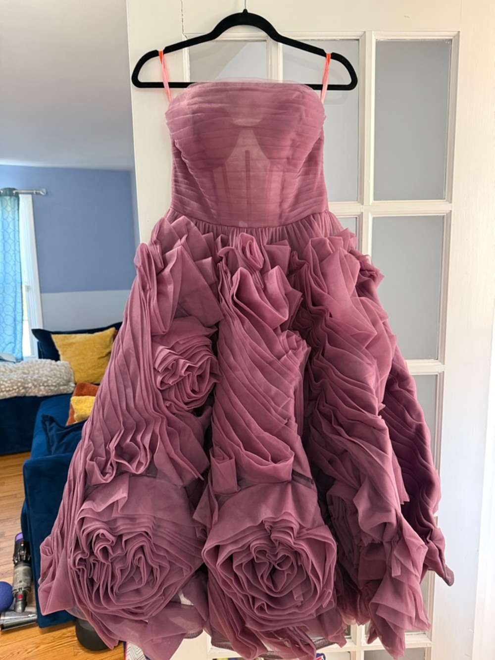 Mauve Strapless Ruffled Tulle Gown